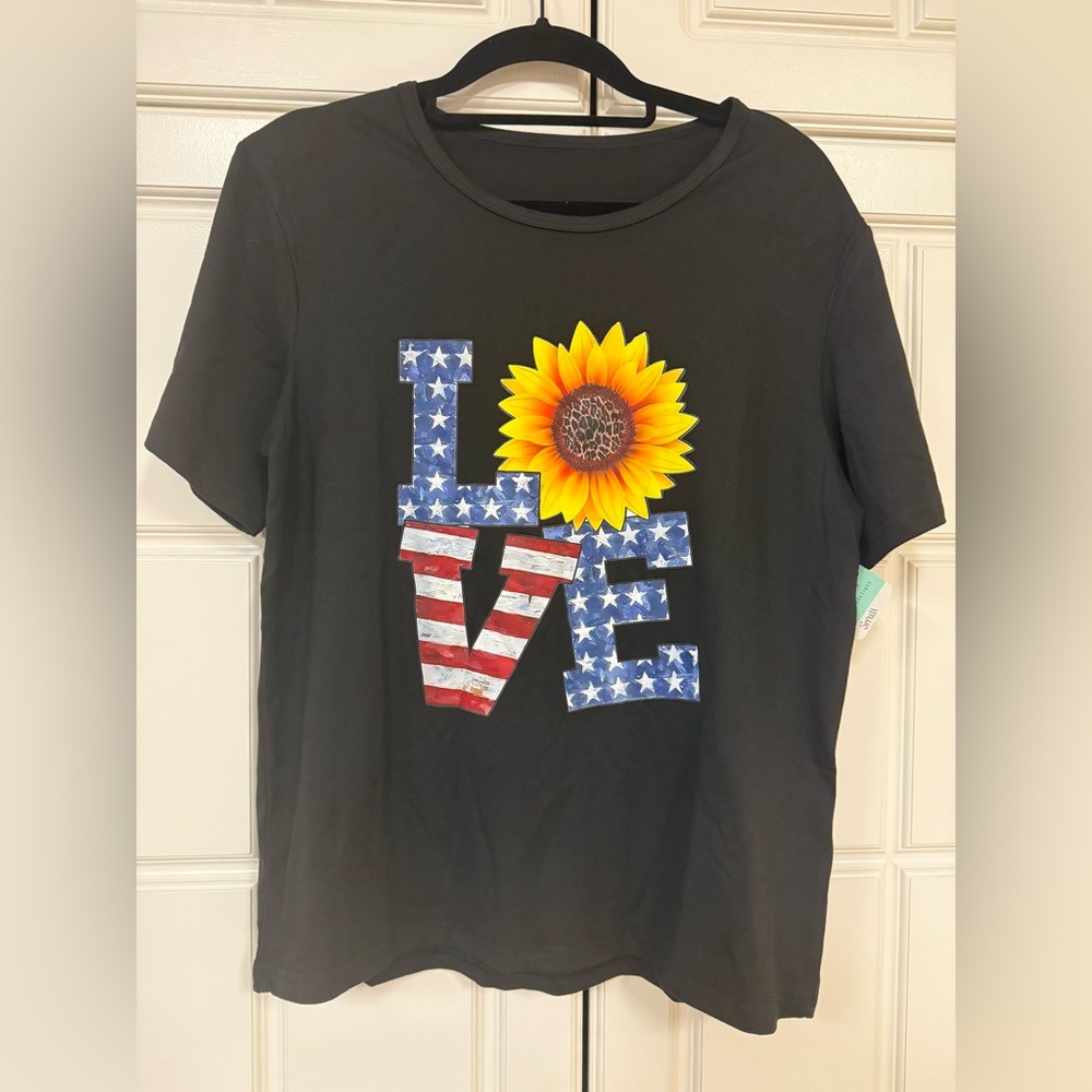 Black T-Shirt with Love Sunflower Graphic